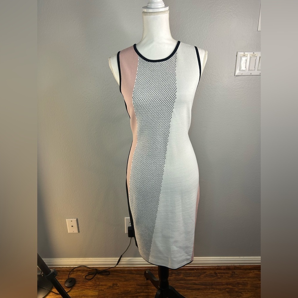 Etcetera Colorblock Knit Midi Dress in Cream, Pink, and Gray Size M - Picture 7 of 8